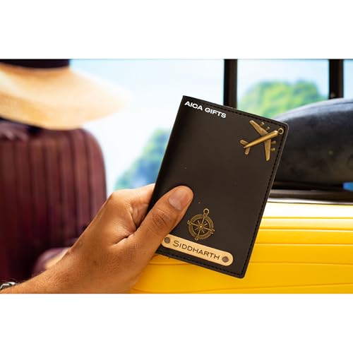 Image of AICA Personalised Name & Charm Leather Passport Cover Holder for Men & Women (Black)