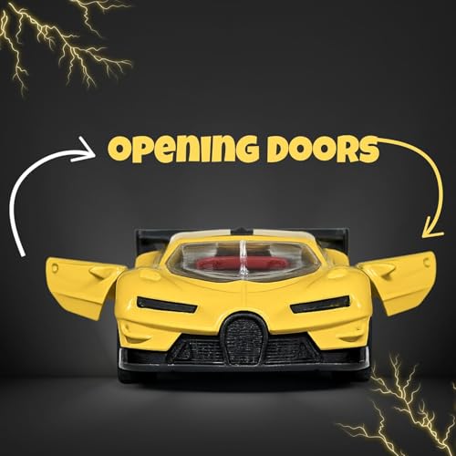 Image of Bugatti Die Cast 1:32 Scale Metal Pull Back Car | Premium Alloy Toy Vehicle with Openable Doors | Realistic Mini Racing Model Car Toy for Kids Boys Girls | Durable Collectible Gift Yellow