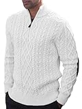 Makkrom Mens Quarter Zip Pullover Long Sleeve Cable Knit Sweater Casual Mock Neck Slim Fit Polo Sweaters White