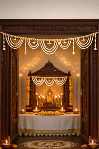 Image of Premium Pearl Beaded Door Toran with Golden Bells | 3 Feet Traditional Bandhanwar for Main Door, Mandir & Wedding Decoration | Elegant Hanging for Diwali & Griha Pravesh