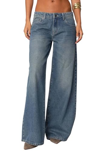 Women's Vintage Loose Fit Wide Leg Jeans Bow Print Back Mid Rise Distressed Trendy Straight Leg Denim Pants3