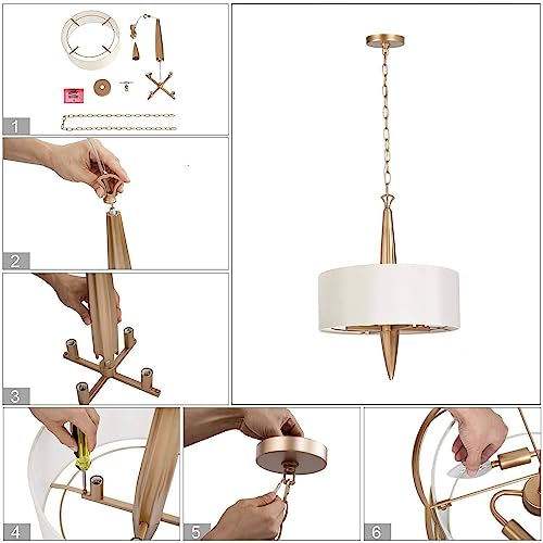 KSANA Gold Chandeliers, Modern Drum Hanging Light Fixture with White Fabric, 4 Light Chandelier for Dining Room Living Room Foyer by KSANA - Image 8