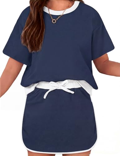 Arshiner Girls Outfits Summer Fashion Drop Shoulder T-Shirt and Athletic Skirt Sets Kids Workout Clothes Navy Blue 12-13Y