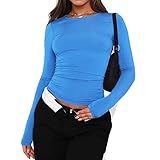 Women's Slim Fit Going Out Crop Tops Casual Solid Color Crew Neck Long Sleeve Tight Tee Shirt Basic Streetwear Blue