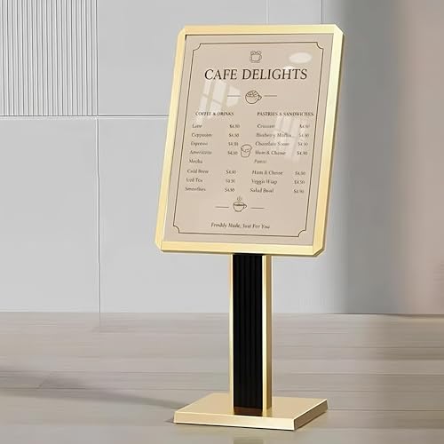 Menu Stand 21 x 29 Inch, Adjustable Floor Standing Sign Holder with Heavy Duty Aluminum Snap Frame, Large Horizontal Menu Display Stand with Weighted Base for Restaurant Signs, Malls, Schools, Offices, Gold