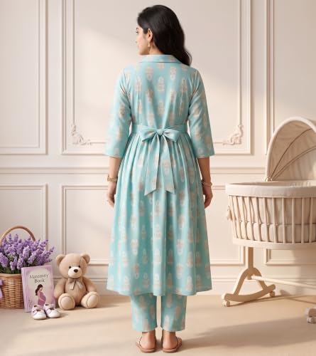 Image of DUMMY SHAPE Maternity Dresses for Women Cotton | Floral Kurta Pant Dupatta Set with Nursing Zippers, Side Pocket | Pre & Post Pregnancy | Feeding Kurti Suit | Baby Shower | Gifts for Pregnant Woman