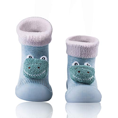 Baby Toddler Non-Skid Sock Shoes Booties with Soft Soles, Crew Winter Warm Thick Indoor Slippers for Infant Kids Boys Girls (Blue Crocodile, 4.5-5 Toddler)