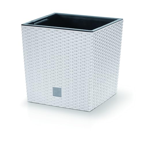DIKEL Blumentopf 32x32x32 cm | Übertöpfe mit Rattanoptik und wetterfestem Einsatz | Pflanzentöpfe für stilvolle Innen- und Außengestaltung | Blumentöpfe für weniger Erde und einfache Pflege | Weiß