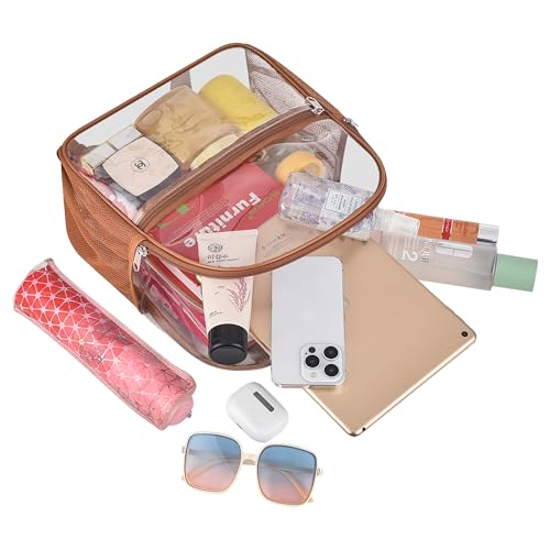 Image of Busiuw Clear Backpack for Stadium Events 12x12x6 Mini Small Sports Fan Backpacks with Front Pocket for Concert Sport Events Work Travel(Coffee brown)