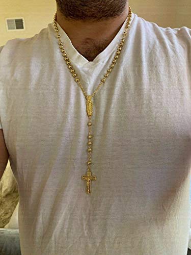 HarlemBling Solid 925 Sterling Silver Rosary Beads -14k Yellow Gold Finish - 36.5 Grams 6mm 30" - Men's Rosario Necklace Prayer Beads3