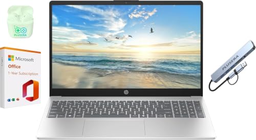 Image of HP 15.6 inch Business Laptop with 1-Year Microsoft Office 365 with Copliot AI, 4GB RAM 128GB SSD, Quad-Cores Intel Processor, Windows 11, PLUSERA Earphones & 8-in-1 Hub Included, Natural Silver