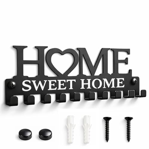 Portachiavi da Parete con 10 Ganci | Decorativo Home Sweet Home | Organizer Porta Chiavi Ingresso, Cucina, Corridoio | Metallo Nero Resistente | Perfetto per Chiavi e Piccoli Oggetti