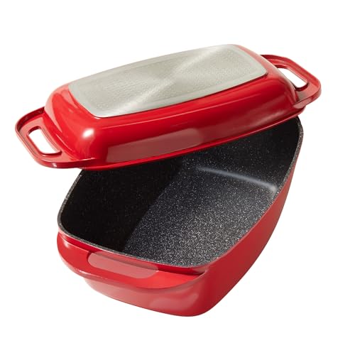 STONELINE Casseruola XXL 43x26 cm, Rostiera con Coperchio in Alluminio Pressofuso a Induzione, Coperchio utilizzabile come Stampo, Rivestimento Antiaderente con Vere Particelle di Pietra, Rosso