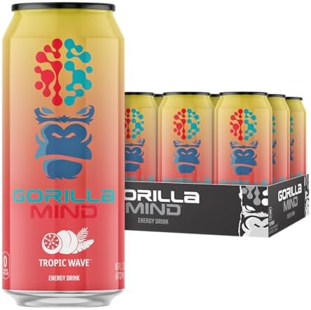 Gorilla Mind Energy Drink | Unmatched Energy ยท Amplified Focus | N-Acetyl-L-Tyrosine, Alpha-GPC, 200mg Caffeine, Uridine, Saffron | 0 Sugar Or Artificial Colors | 16oz, 12-Pack (Tropic Wave)