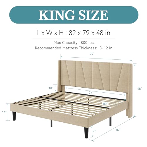 HOOMIC King Size Platform Bed Frame with Geometric Wingback Headboard, Wooden Slats Support, No Box Spring Needed, Modern Style in Beige - Thumbnail 2