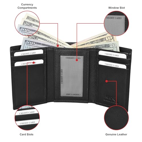 Image of ASAD Leather Slim Everyday Trifold Wallet with ID Window and Multiple Card Slots | Genuine Leather Double Stitched RFID Blocking Stylish | Gift for Him | Black