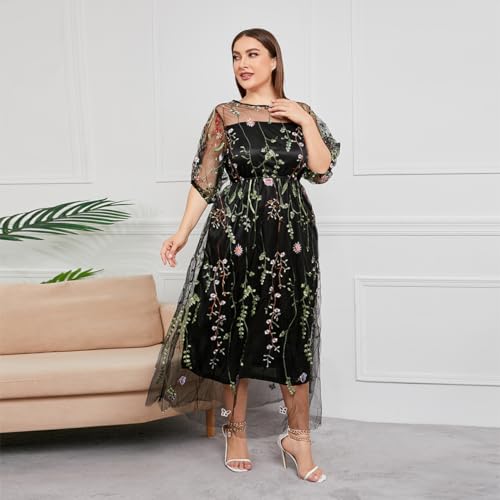 1/2 Sleeve Floral Embroidery Dress for Women Plus Size Embroidered Tulle Dress Mesh Wedding Guest Cocktail Party Long Dress4