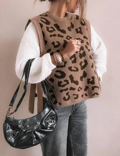 Image of Yeokou Women Leopard Print Sweater Vest Side Tie Knit Tank Tops Sleeveless Crew Neck Casual Fall Outfits(Camel-L)