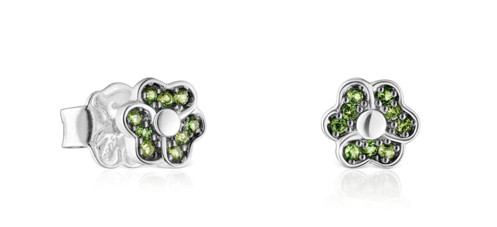 TOUS Pendientes de Plata de Primera Ley para Mujer con Cierre de Presión y Motivo Flor de Cromodiópsidos 5mm, Minimalista y Elegante, Colección Motif