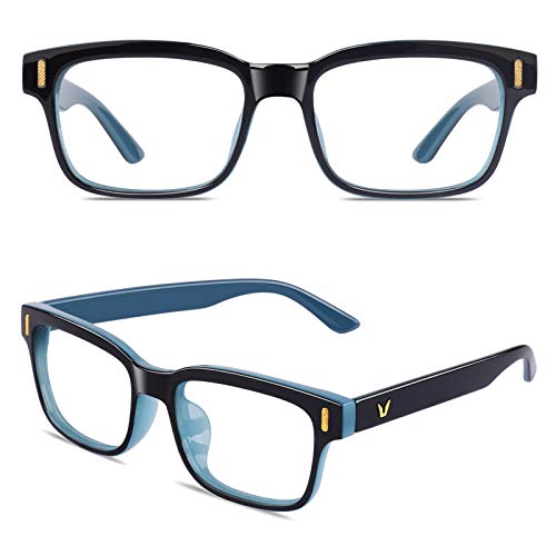 CGID CT84 Computer Glasses Readers Reading Video Gaming Glasses of Anti Blue Light Eye Strain and UV Light,Vintage Rectangle Black Blue Frame,Transparnet Lens