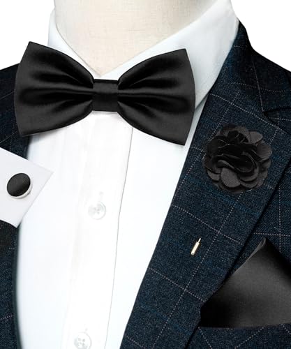 Image of RBOCOTT Solid Color Bow Tie and Pocket Square with Lapel Pin Cufflinks Set 4PCS