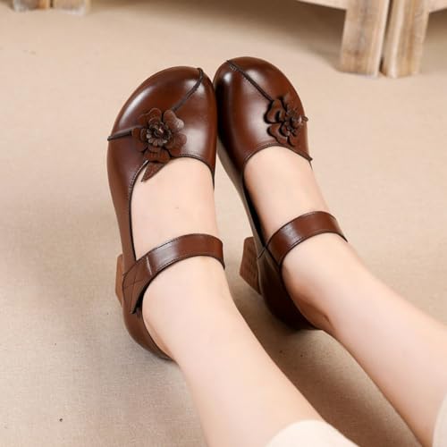 Ephirebra Women's Round Toe Mary Jane Chunky Heels Pumps Comfort Flower Hook and Loop Low Heel Dress Shoes4