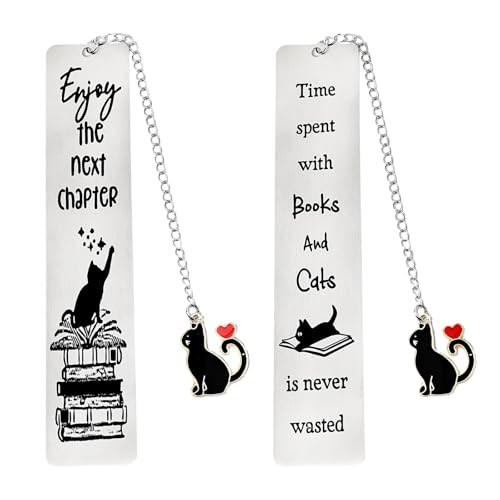 Marcapáginas Metal Gato Colgante,2 Pcs Marcadores Divertidos con Patrón de Gato Marcapáginas con Colgante Personalizado Inoxidable para Amantes de la Lectura,Regalo para Estudiantes y Profesores
