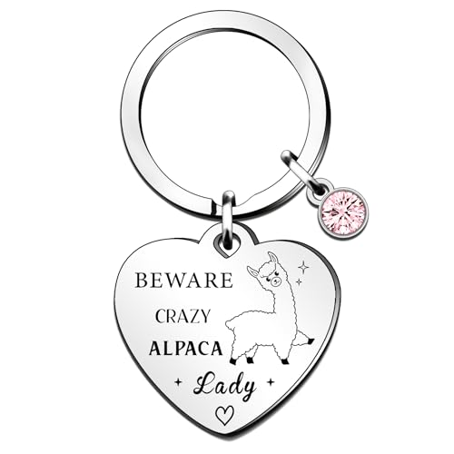 Image of QMVMV Funny Alpaca Keyring - Beware Crazy Alpaca Lady Gift for Animal Lovers and Women