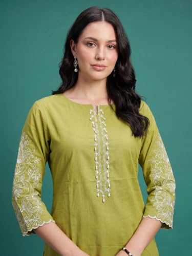 Image of INDO ERA Women's Cotton Straight Fit Floral Embroidered Kurta (KT0GN9776)