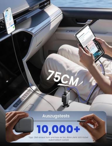 Lamicall 4-IN-1 Retractable Car Phone Charger - [2 Retractable Cable] [50% Smaller] 75W Cigarette Lighter USB Charger Adapter with Type-C & iPhone Cable/USB-C/USB-A, 12V/24V Socket for iPhone/iPad/S26 - 3
