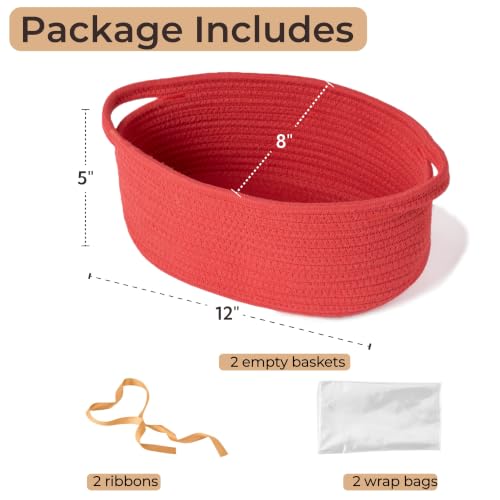 Image of 2-Pack Small Woven Gift Baskets Empty with Bags & Ribbons, Storage Basket for Father's Day for Dad, Baby Shower, Raffle, Birthday, Cute Organizer with Handles, 12 inchx8 inchx5 inch, Red