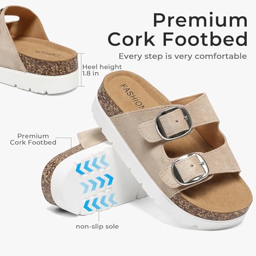 Image of Women Cork Footbed Platform Sandals Arch Support Memory Foam Wide Width Wedge Sandals Comfort Double Buckle Adjustable Mules Chunky Slides Non Slip Walking Sandals for Beach Vacation Summer Shoes