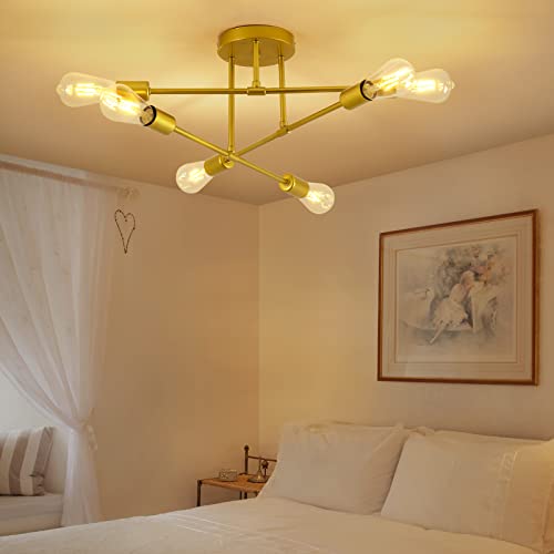 Focondot Ceiling Light Fixture, 6-Light Semi Flush Mount Ceiling Light, Mordern Gold Chandeliers For Bedroom Dining Room Living Room Kitchen Foyer #TOP2