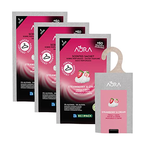 AURA | Pack 3 Ambientador Percha para Armario | Aroma Fresa y Nata | Ecopack 100% Reciclable | Larga Duración 60 Días | 0% Alcohol