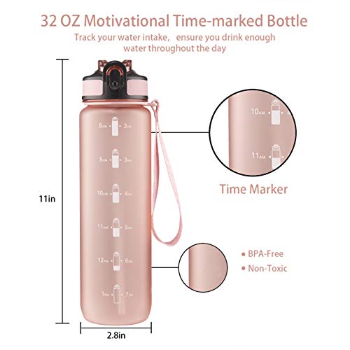 EYQ 32 oz Water Bottle with Time Marker, Carry Strap, Leak-Proof Tritan BPA-Free, Ensure You Drink Enough Water for Fitness, Gym, Camping, Outdoor Sports (Rose Pink) - Thumbnail 2