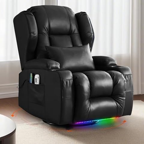 BINGTOO Power Recliner Chair with Massage and Heating, PU Leather Swivel Recliner Chair with Cup Holders and LED Lights, Home Theater Seat for Living Room,Office,Bedroom Cover