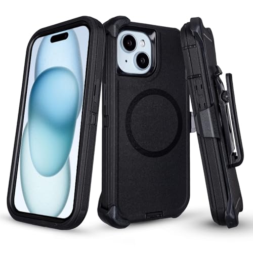 Phone Case for iPhone 15 Case with Belt Clip Defender for iPhone 15 Case with Kickstand [Compatible with MagSafe] 3-Layer Heavy Duty Rugged Military Grade Protection Cover for iPhone15 Case Black