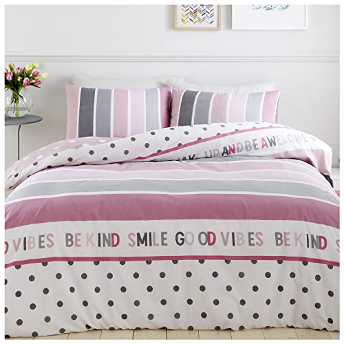 GC GAVENO CAVAILIA Striped Duvet Cover King Size, Reversible Polka Dot Bedding Quilt Set including Pillow Cases, Blush Pink/Grey