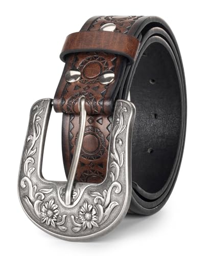 Western-Belt-for-Women-Cowgirl, PU-Leather-Waist-Belts with Vintage-Carved-Buckle and Tips-Ends for Jeans Pants Dresses2