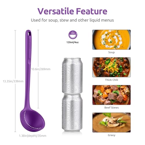 Image of 13 inch Silicone Soup Ladle: U-Taste 600ºF Heat Resistant 4 oz Large Non-stick Seamless Rubber Kitchen Deep Serving Spoon with Non-slip Solid Long Handle for Cooking Sauce /Stews /Gravies /Chili(Purple)