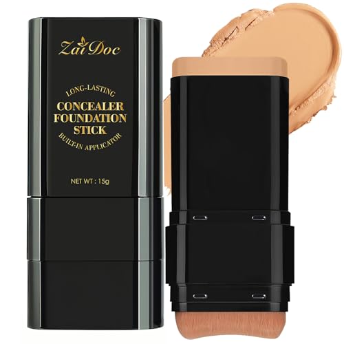 ZAIDOC Concealer Foundation Stick, 2-in-1 Long-Lasting Foundation and Concealer with Brush, Creamy Full Coverage for Dark Circles & Blemishes, Hydrating Olive & Camellia, 2.09 Oz (04#)