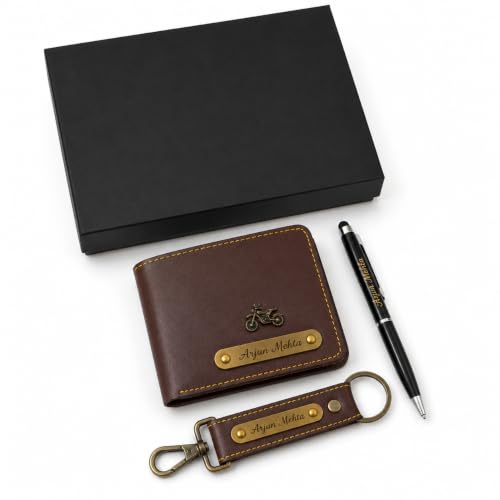 Image of B'Code Personalized Name & Charm Leather Wallet Mens Combo Giftset | Customized Birthday Anniversary Wedding Engagement Office Gifts for Man| Gift for Men| Brothers Raksha Bandhan Present (Brown)