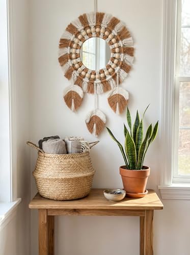 Image of JH Gallery Boho Macrame Mirror Wall Hanging - Handcrafted Cotton Rope Round Mirror with Tassels & Wooden Beads for Home, Bedroom & Entryway Decor(Brown)