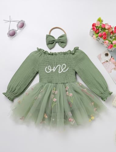 IDOPIP Strawberry Butterfly 1st Birthday Outfit for Baby Girls Embroidery One Romper Smocked Tutu Dress with Headband Clothes3