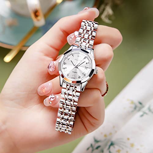 OLEVS Women Watch, Small Face Stainless Steel Strap Round Watch for Ladies, Roman Numerals Luxury Diamond Watch Waterproof Analog Quartz with Date Watch for Women