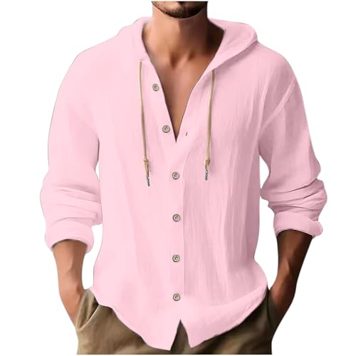 Mens Cotton Linen Button Down Hoodies Lightweight Long Sleeve Fashion Shirt Comfort Hooded Sweatshirts