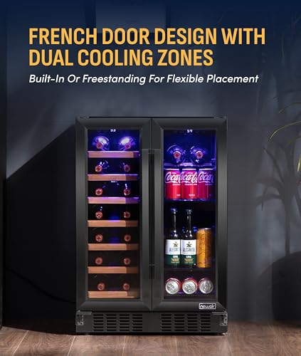 Image of NewAir 24 inch Dual Zone Beverage Refrigerator & Wine Cooler for 20 Bottles & 78 Cans | Freestanding or Built-In Under Counter Mini Fridge for Beer, Wine and Soda | Black Stainless Steel