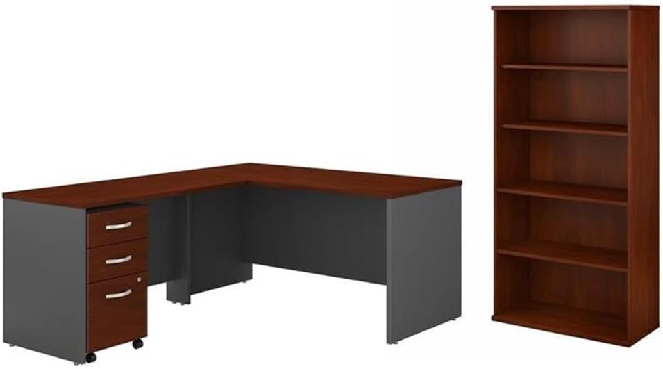 Pemberly Row Set of 2 Wood 5-Shelf Bookcase & L-Shaped Desk with Drawers