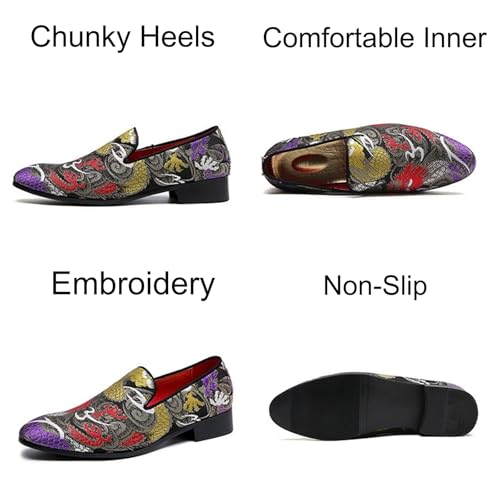 Mens Fashion Chinese Embroidery Slip-On Dress Loafers Pointed Toe Chunky Heels Non-Slip Smoking Shoes for Business Casual Dress Prom Party2