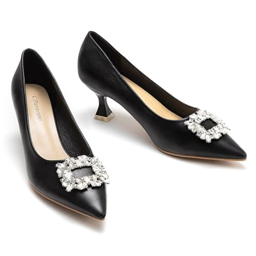 C.Paravano Women's Pumps I Pointed Toe Kitten Heels I Grain Leather Pump Shoes I Crystal Buckled Pumps I Dress Wedding Shoes (Size 11,Black)